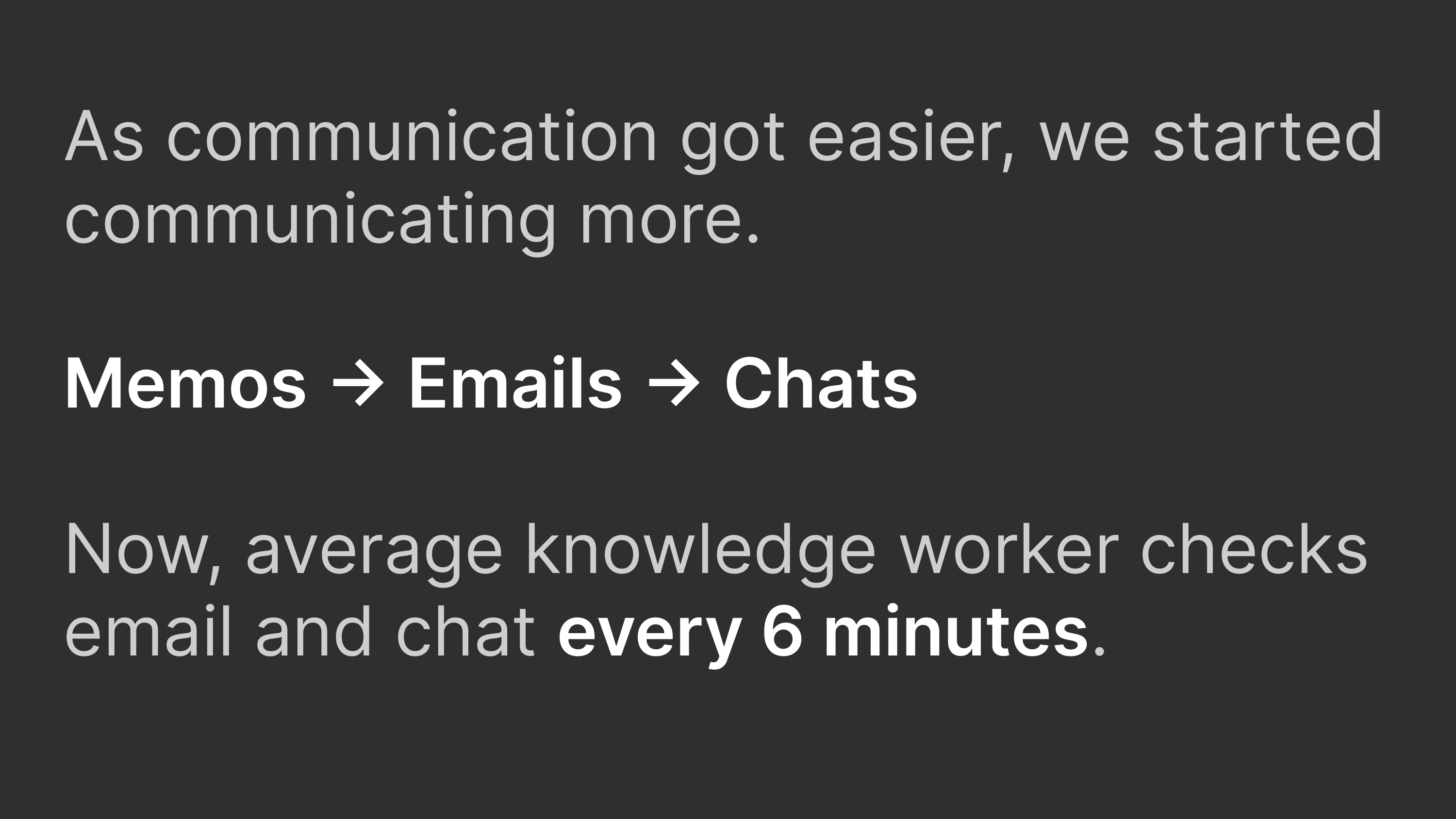 As communication got easier, we started communicating more. Memos, then emails, then chats. Now, average knowledge workers check email and chat every 6 minutes.